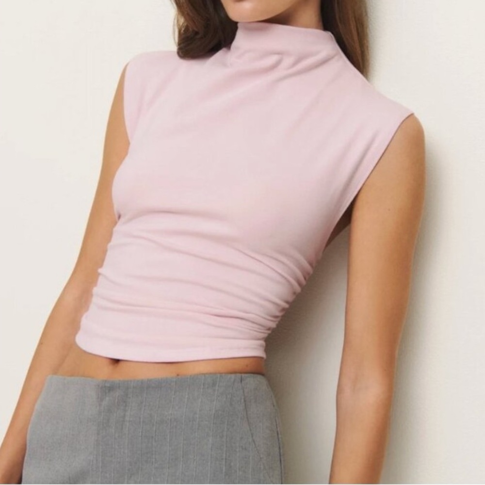 Reformation Lindy Knit Top Cherry Blossom Pink High Neck Ruched Sleeveless Top